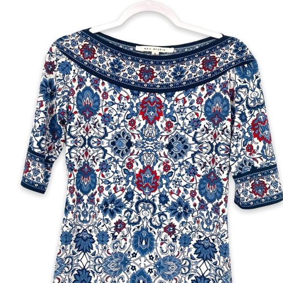 Max Studio Size Small Floral Print Boatneck Half Sleeve Jersey Shift Dress - Picture 2 of 8